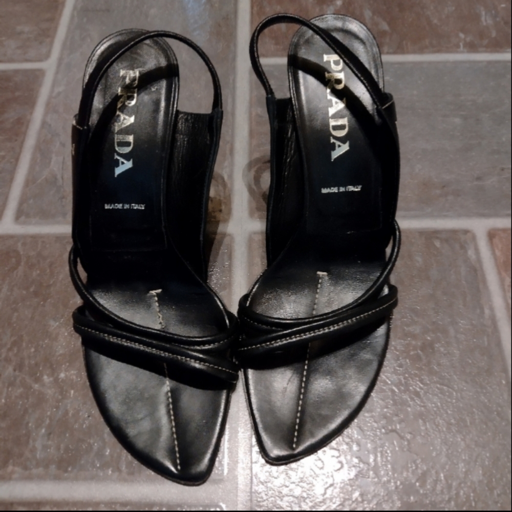 Prada black leather minimalist strappy sandal size 38